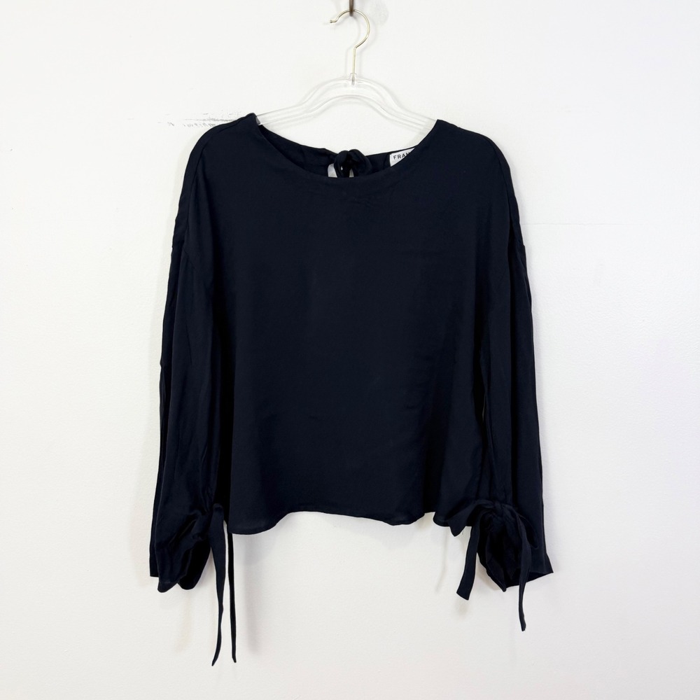 FRAME Navy Tie Cuff Bell Sleeve Blouse Size Small
